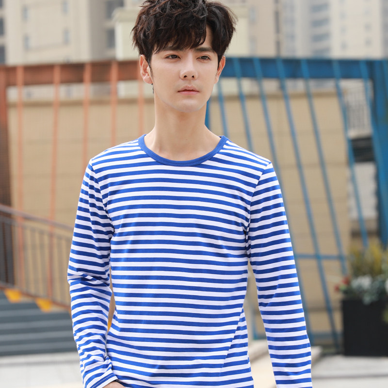 大码男装加肥加大宽松胖子长袖t恤条纹海魂衫肥佬秋装纯棉海军衫