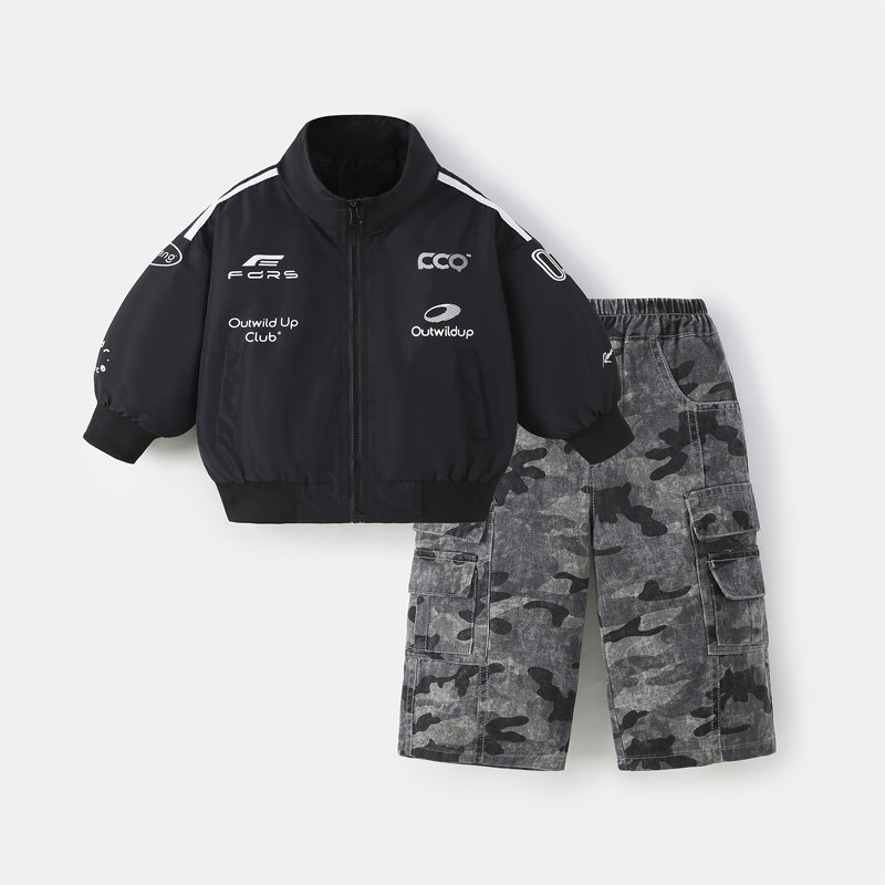 春季男童新款休闲夹克外套机车棒球服宝宝秋装迷彩工装长裤两件套