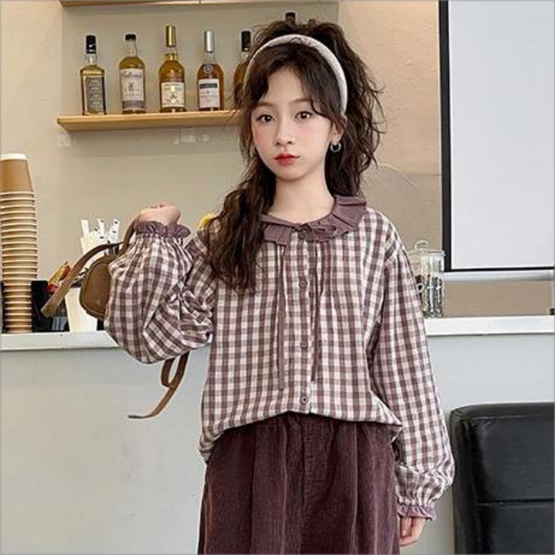 女童衬衫洋气春秋新款儿童小清新田园风衬衣潮2026中大童格子上衣