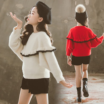 大女童水貂绒毛衣秋冬季新款韩版儿童亲子装胖女孩宽松蝙蝠针织衫