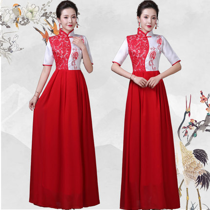 新款大合唱演出服女长裙中老年合唱团服装大学生舞台服主持人服装