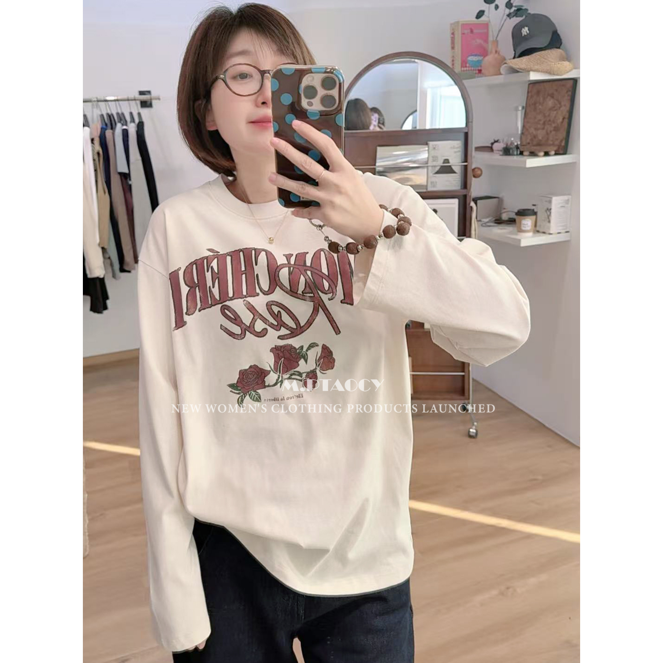 斑驳玫瑰印花烫钻长袖T恤