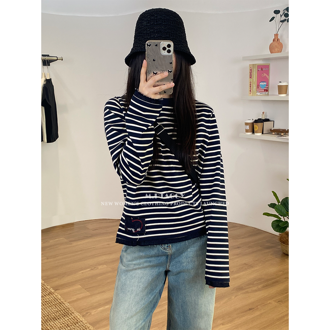 桃桃家-【解构条纹】设计匠心永恒经典破边拼接条纹长袖T恤女1020