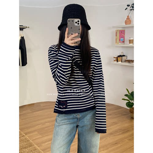 经典破边拼接条纹长袖T恤女