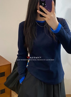 桃桃家-【无声赢家】设计感时尚假两件拼色上衣简约长袖t恤1016