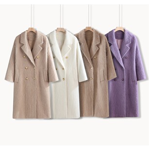 贵妇拉绒大衣 秋冬新款女纯色双排扣宽松舒适外套 中长款双面尼