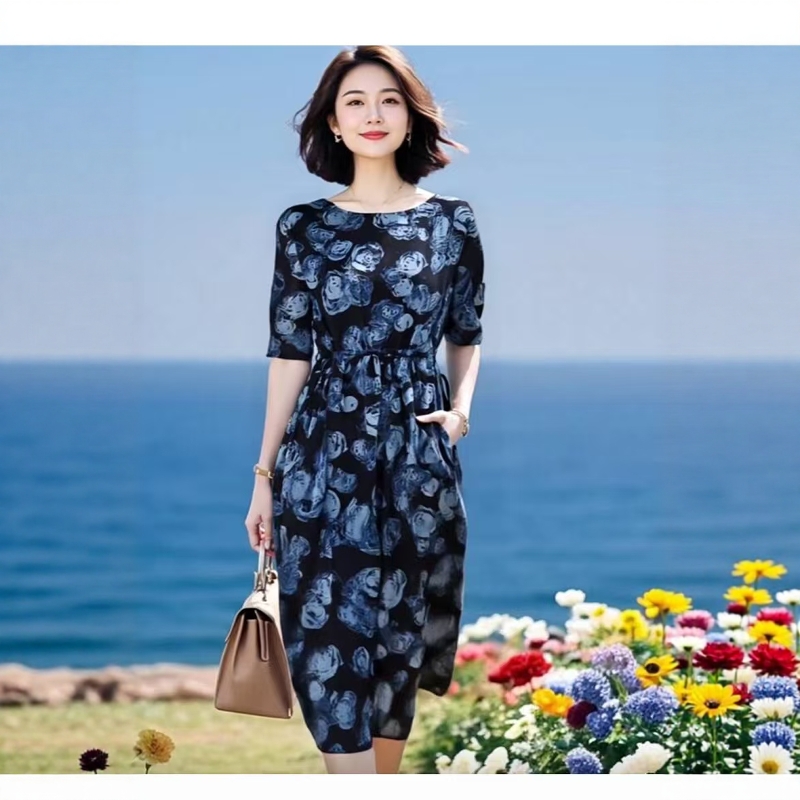素雅订制女装原创品牌旗舰复古印花抽绳收腰遮肉显瘦A字连衣裙女
