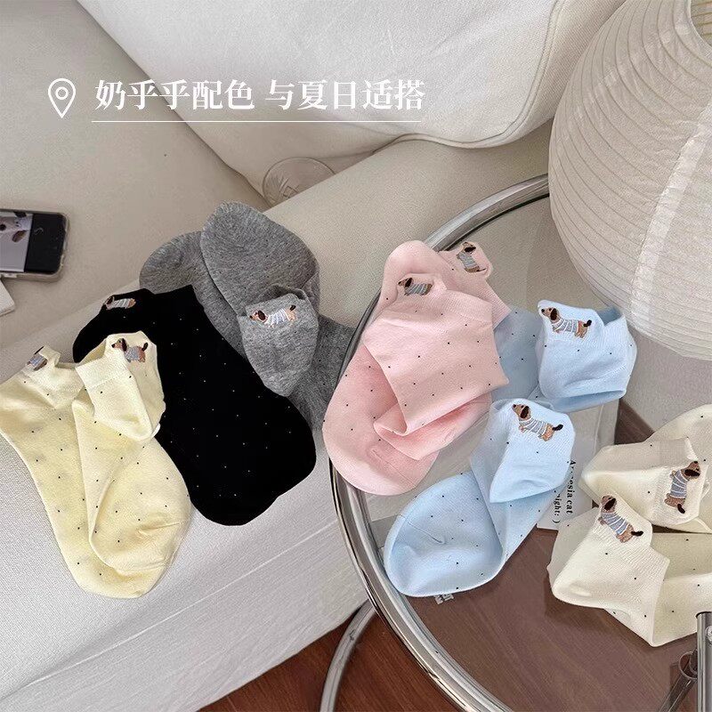 袜子女款短袜纯棉2025新款爆款学生夏季波点提尔小狗可爱刺绣船袜