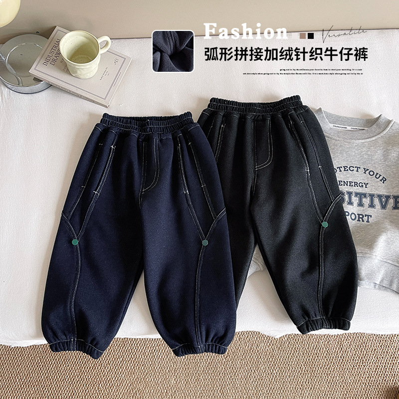 风之谷2025冬季新款童裤儿童韩版个性加绒牛仔裤男童加厚宽松长裤