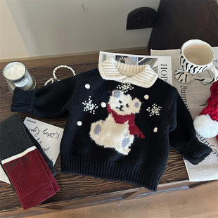韩版童装2024新款冬季女童圣诞节小熊翻领毛衣儿童加绒打底裤套装