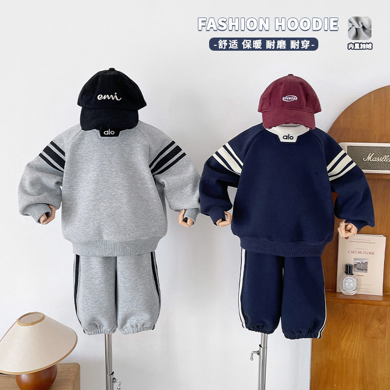 风之谷2025冬季新款儿童韩版帅气加绒运动卫衣套装男童加厚两件套