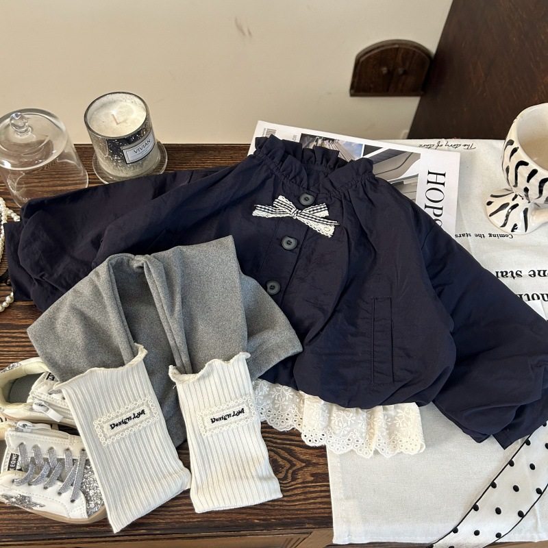 韩版童装2025新款秋季女童灯笼花苞风衣外套堆堆袜打底裤两件套潮