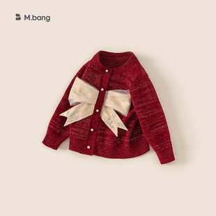 宥宝童装女童蝴蝶结毛衣开衫秋冬红色新款宝宝圣诞节新年针织外套