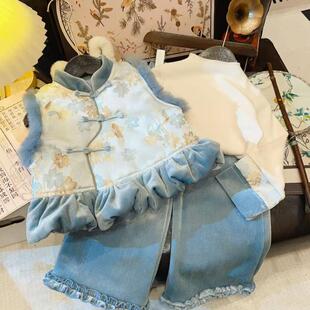 新款女童国风加绒套装2025冬季盘扣重工打底衫刺绣马甲阔腿裤套装