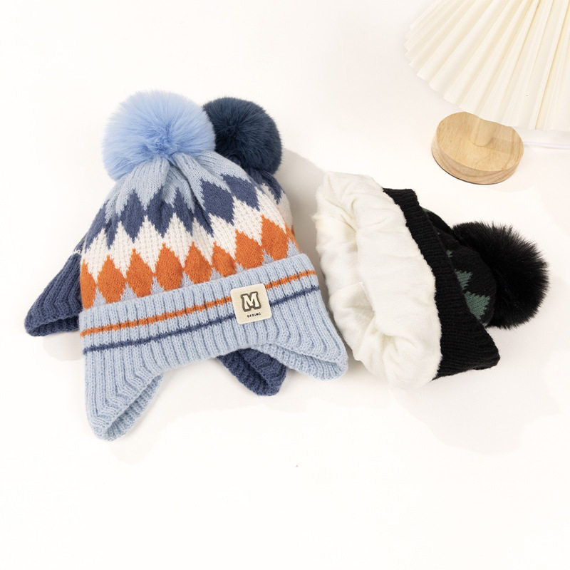 秋冬款宝宝时尚防晒护耳帽子无檐加厚保暖防风圆顶儿童毛线针织帽