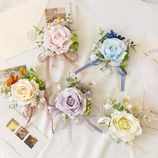 唯美香槟粉蓝紫白色玫瑰胸花手腕花结婚襟花新郎新娘伴娘婚礼拍摄