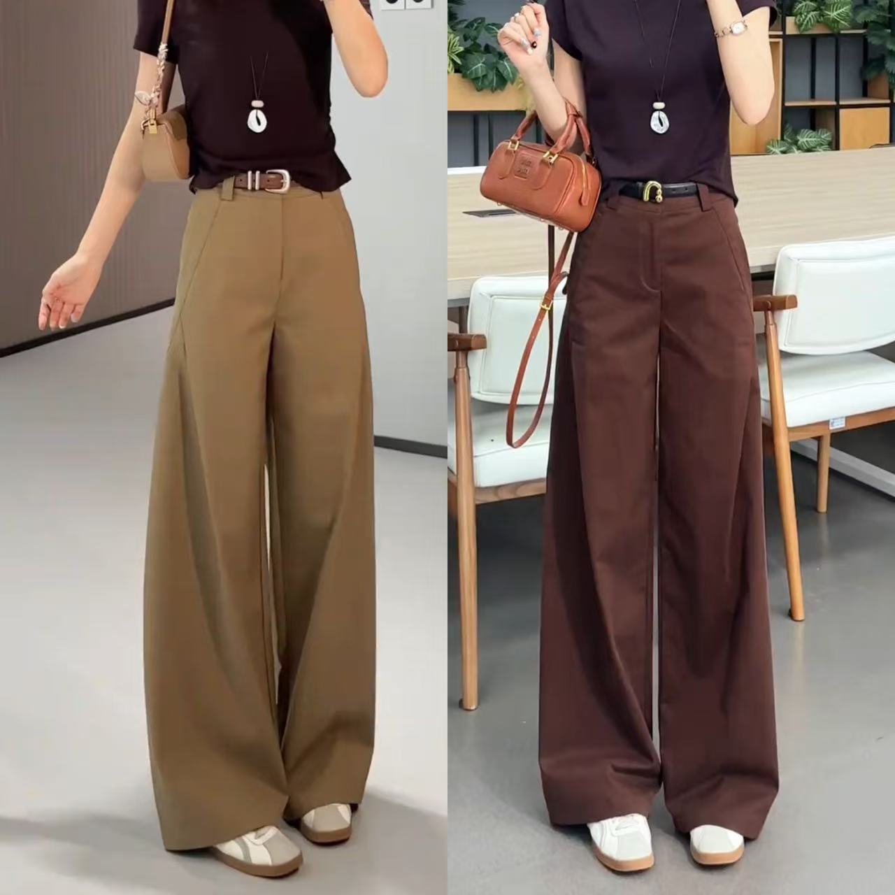 秋季卡其色压褶阔腿裤女2025新款高腰风笛裤休闲裤慵懒松弛感裤子