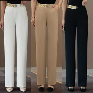 夏季新款中年直筒裤女士百搭休闲女裤高腰裤腰头拼接印花国风简约