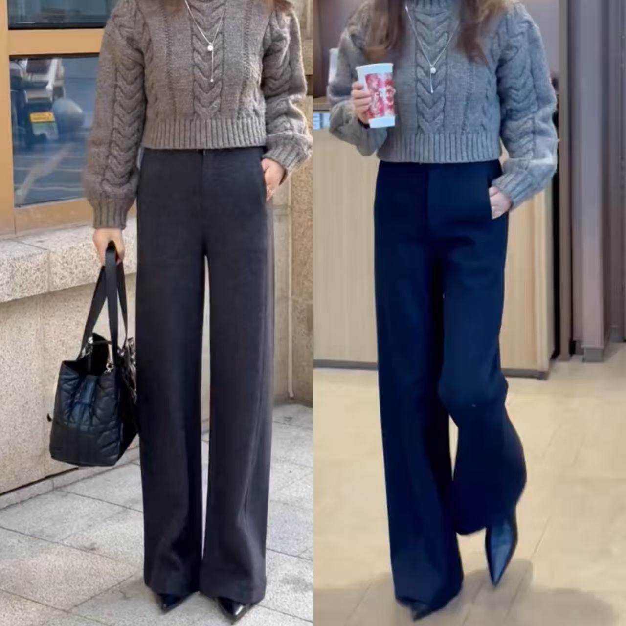 极简风高腰羊毛阔腿裤女2025冬季厚款休闲裤显瘦百搭梨型身材裤子