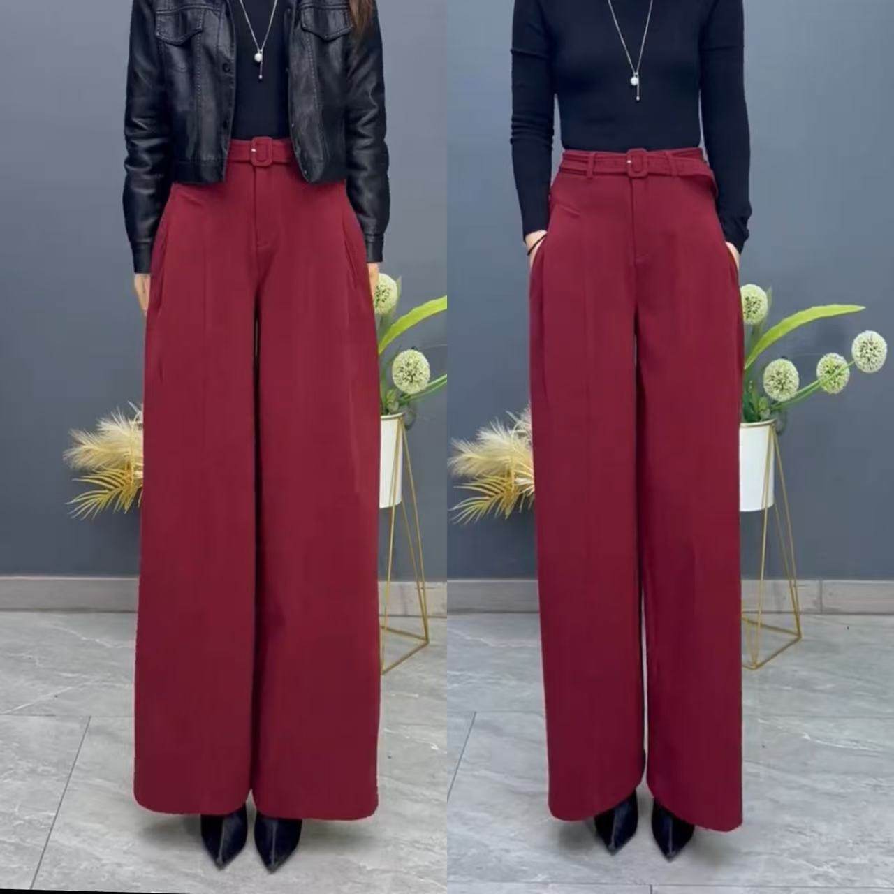 红色羊毛裤女2025冬季高腰阔腿裤呢子裤显瘦垂感休闲裤高级感长裤