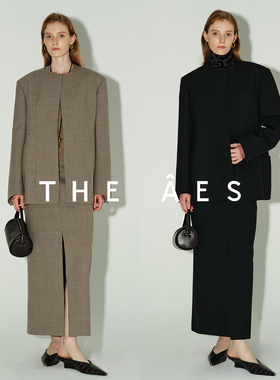 安上THE AES｜书写静谧 古典沙漏解构精纺羊毛圆领西装前开叉半裙