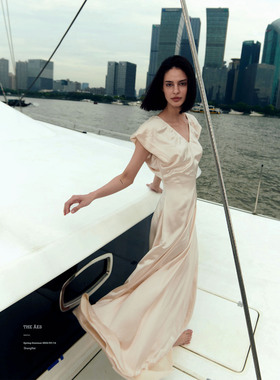 安上THE AES海风椰林 仙蝶舞动 知性缎光醋酸 美人V领连衣裙2色