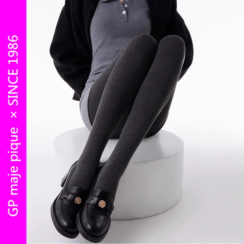 日本GP灰色打底裤女秋冬款加绒保暖日系黑色显瘦竖条纹羊绒连裤袜