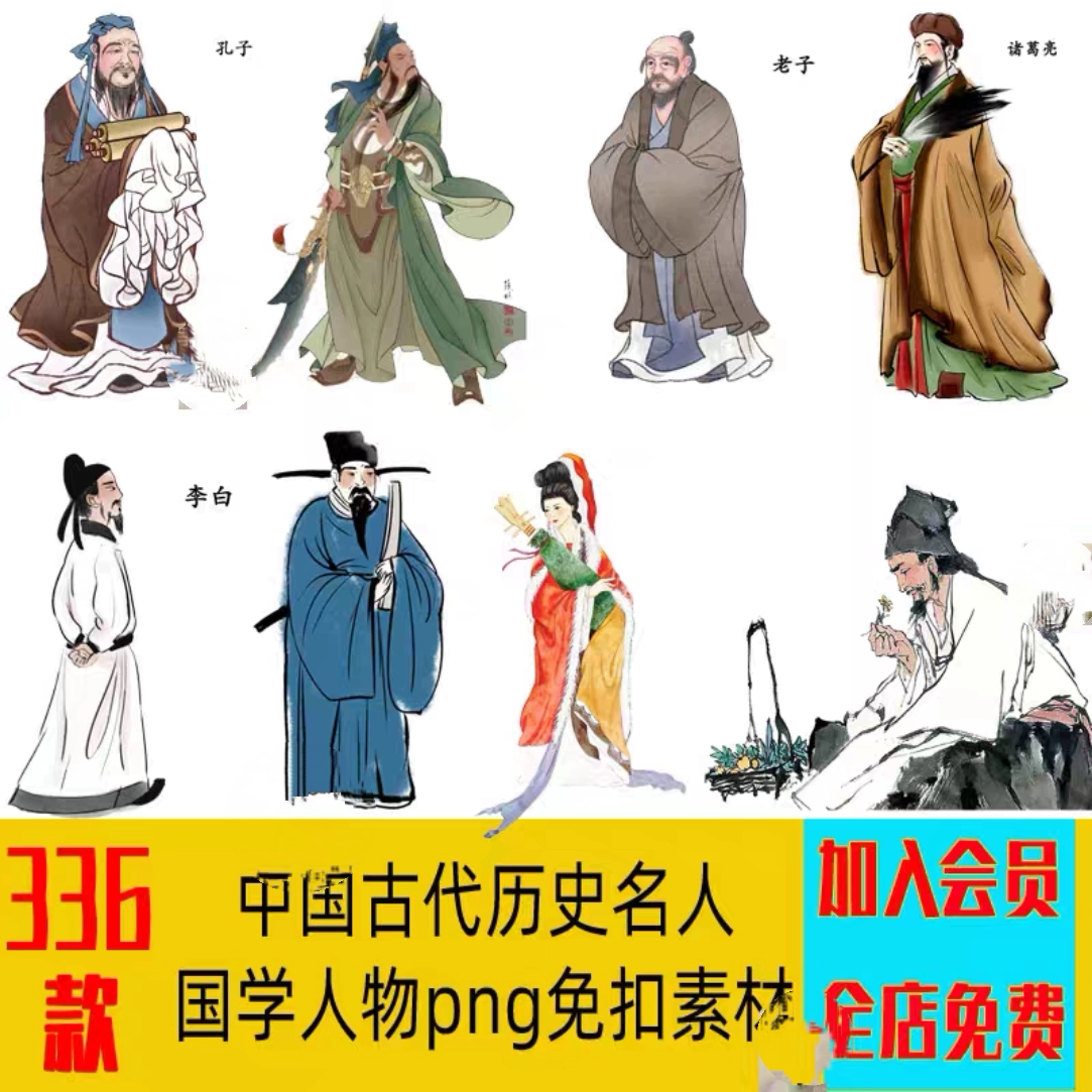中国古代历史名人物诗人孔子李白诸葛亮李时珍插画png免扣图素材
