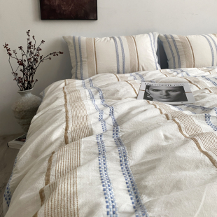 ins奶油系全棉提花四件套a类侘寂风水洗纯棉被套床单床品裸睡亲肤