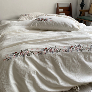 A类日式高端棉麻绣花四件套 20%亚麻80%被套床单笠床品侘寂风裸睡