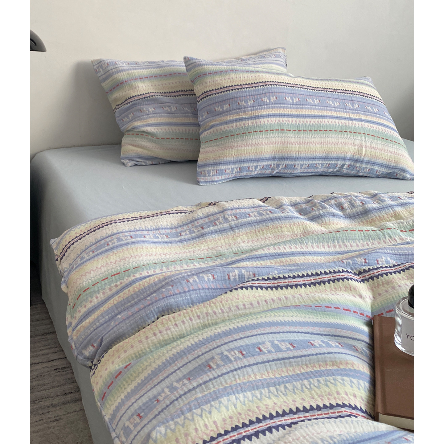 英伦费尔岛双层皱皱纱四件套 全棉100纯棉软糯被套床单三件套简约