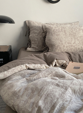 日式高端全棉双层纱四件套水洗纯棉色织绑带被套被罩床单床品裸睡