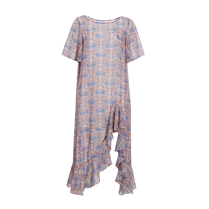 【设计师系列】夏女装不规则裙摆短袖雪纺花色连衣裙LC15131313