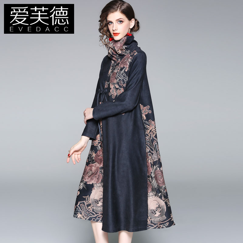 歐洲站2018早秋新款女裝灰色復古印花高領連衣裙盤繩系帶寬松女裙