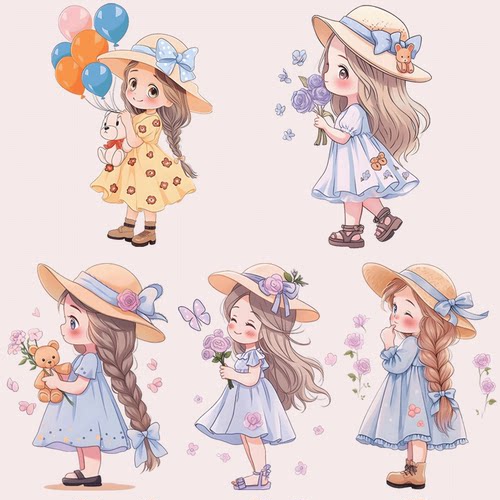 卡通蝴蝶气球花卉唯美手绘女孩衣服图案热转印烫画大图服装辅料