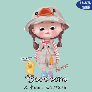 新款个性潮流卡通女孩小黄鸭印花情侣T恤卫衣柯式烫画pet熨烫布贴