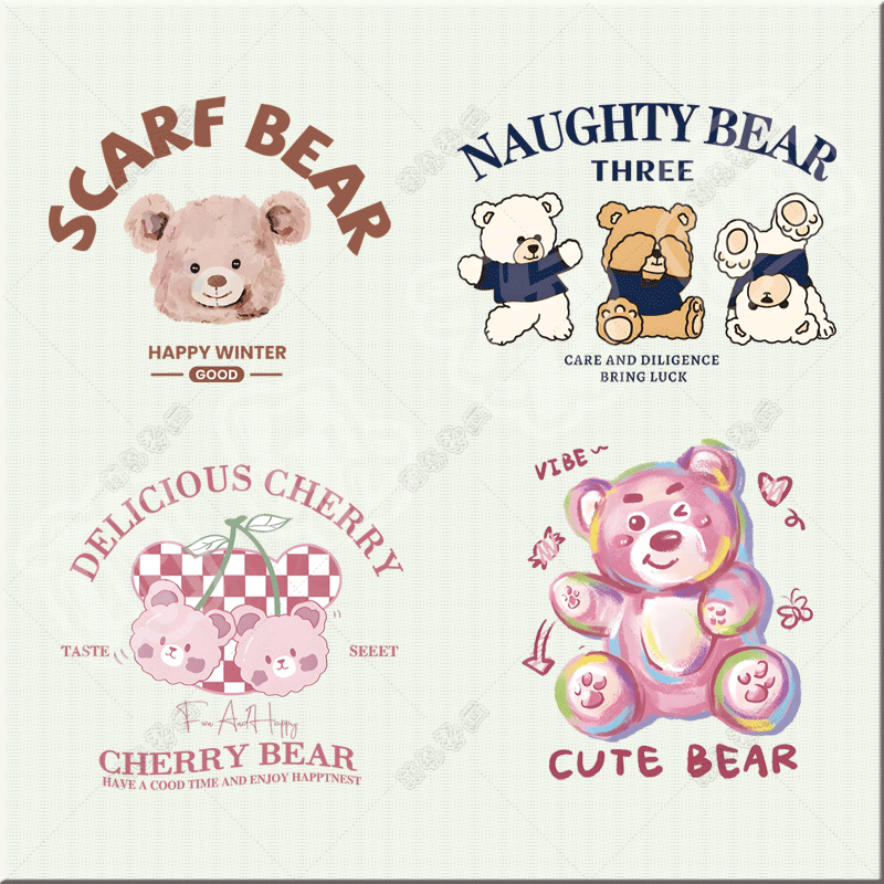【童装】潮牌字母三只小熊草莓熊图案热转印印花辅料白墨烫画贴