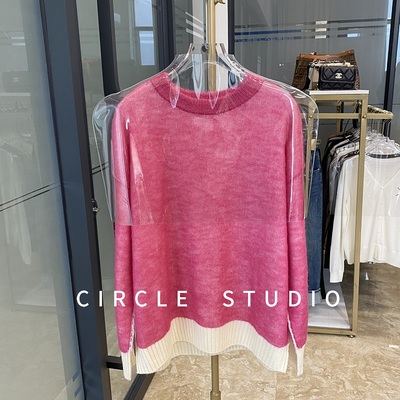 羊毛圆领套头拼色多巴胺针织毛衣