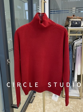 新年氛围 冬季简约优雅斜肩扣高龄羊毛套头针织衫女红色毛衣上衣