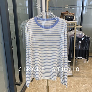 慵懒松弛感 针织T恤百搭宽松廓形上衣 19支天爽亚麻蓝条纹圆领长袖