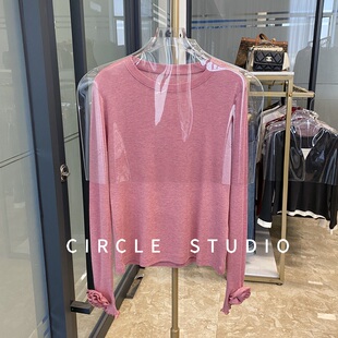 粉色弹力打底上衣修身 粉色圆领网红T恤女 设计感时尚 手工山茶花朵