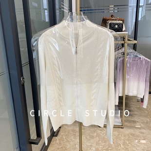 法式腔调 100绵羊毛设计师款拉链半高领绞花工艺正肩内搭针织衫女