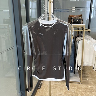 【断码清仓】设计感撞色斜摆开衩侧腰褶皱修身假两件打底衫T恤女