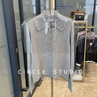 羊毛针织开衫 法式 浅灰手工钩花领单排扣女上衣 修身 新款 温柔 春季