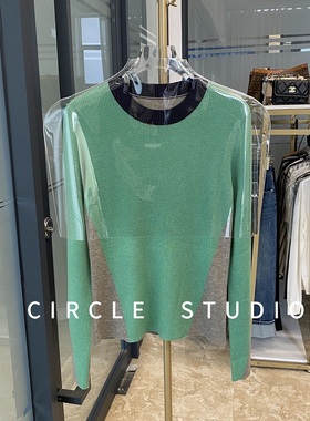 细腰既视感！重磅蚕丝羊毛通勤窄腰设计感拼色修身显瘦打底针织衫