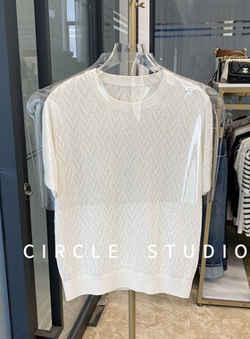 浪漫夏日 气质勾花镂空白色桑蚕丝+棉套头衫女休闲短袖针织衫上衣