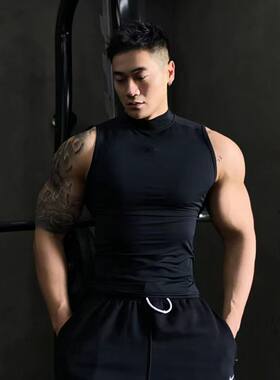健身背心男运动无袖T恤高领弹力