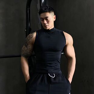 健身背心男运动无袖T恤高领弹力速干背心跑步训练服紧身衣打底衫