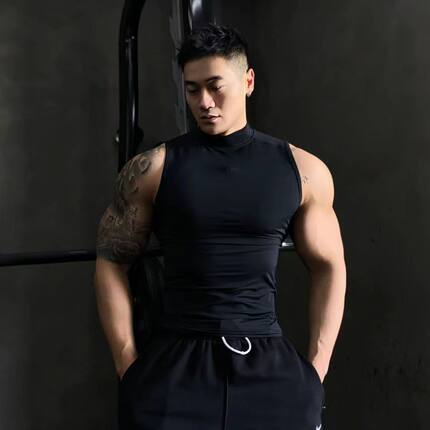 健身背心男运动无袖T恤高领弹力速干背心跑步训练服紧身衣打底衫