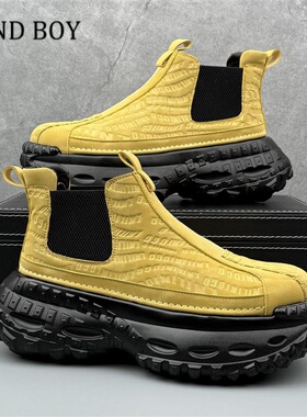 MIND BOY厚底增高短靴男2025春季新款时尚潮流高帮鞋子一脚蹬套筒